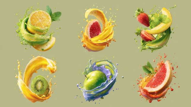 Collection of fruit and vegetable juice splatters, dynamic liquid spirals and waves in vibrant shades, lemonade and smoothie-inspired cartoon splash effects in vector design