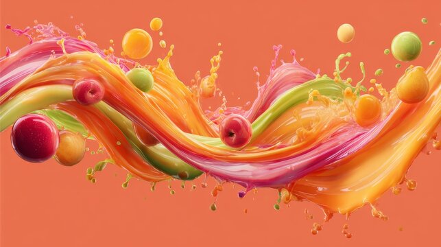 Bright vector set of juice splashes, colorful waves of orange, apple, berry, and vegetable drinks bursting outward, cartoon spiral swirls and liquid droplets creating playful fresh motion