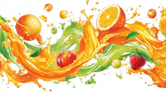 Bright vector set of juice splashes, colorful waves of orange, apple, berry, and vegetable drinks bursting outward, cartoon spiral swirls and liquid droplets creating playful fresh motion