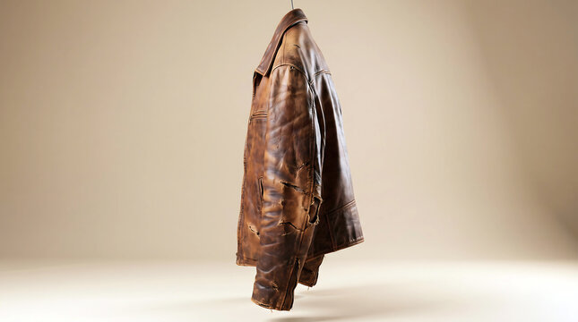 Old brown leather jacket hanging on a hanger