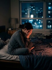 Fototapeta premium Upset woman sitting on bed at night with phone