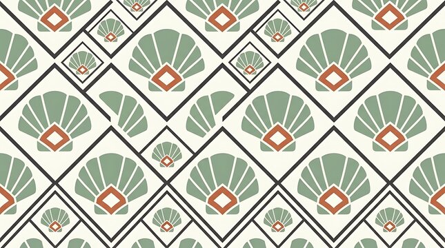 Geometric seamless pattern featuring stylized seashell shapes inside diamond frames in muted green and orange on a light cream background