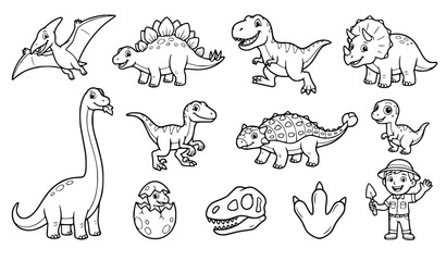 Cute Dinosaur Pterodactyl T Rex Triceratops Coloring Line Art Vector Set © MD