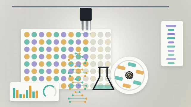Abstract animated samples analysed in a research laboratory drawn as amber and orange lines and shapes on a bright, clean light background. Seamless looping 4K motion graphics video with free space fo