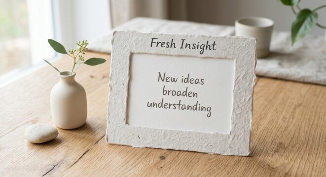 Textured paper frame displaying 'Fresh Insight New ideas broaden understanding' quote on wooden table