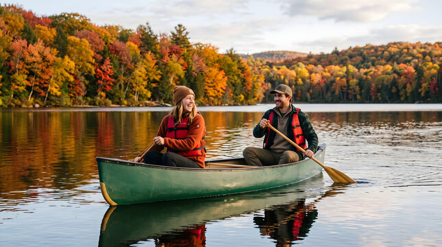 Happy smiling couple paddling a green canoe on a peaceful lake during peak autumn season with vibrant orange and red fall foliage reflections on calm water for outdoor adventure travel trip