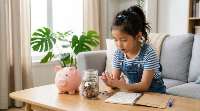 Young Asian girl sitting on a grey sofa counting her savings with a pink piggy bank.
