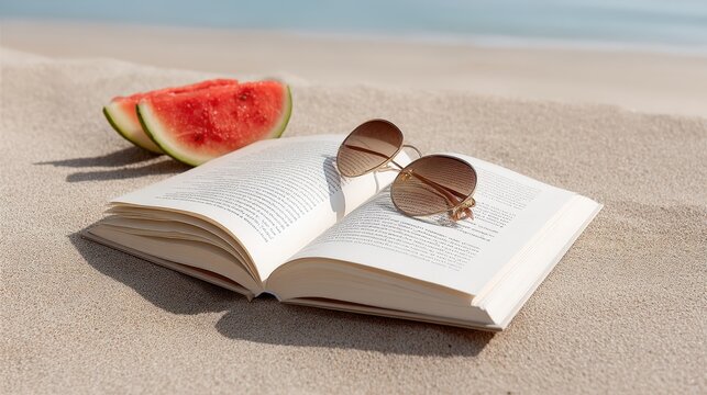 Open book with sunglasses and watermelon slices on tropical beach sand