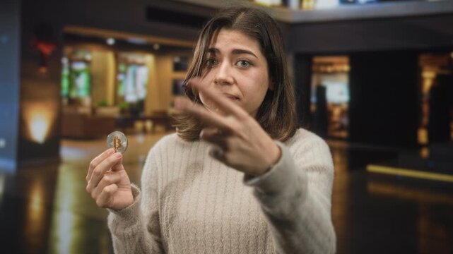 Woman holding a bitcoin coin and pointing finger toward the viewer in a hotel lobby building; doubt caution.