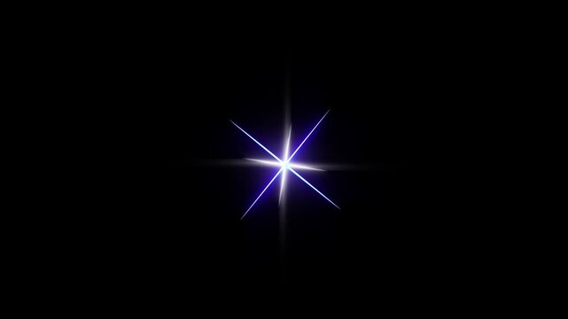 Single blue twinkle star animation with sparkling optical flare and glowing rays effect on black screen background video, modern realistic starlight lens burst overlay vfx graphic 4k