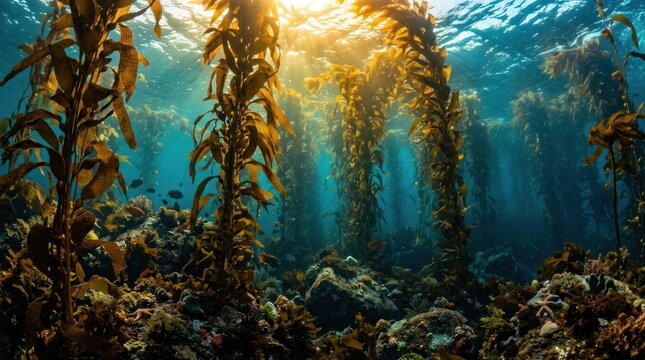 Sunlit underwater forest of towering kelp with diverse marine life in vibrant blue ocean depth
