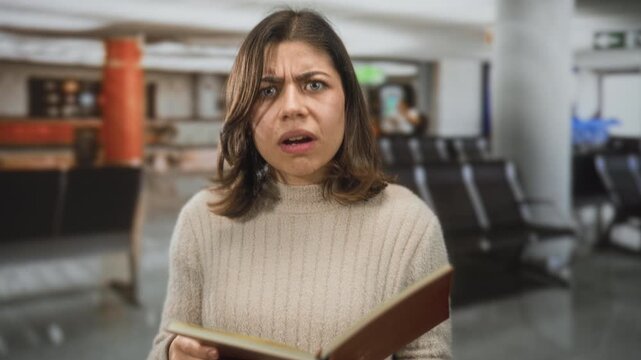 Young hispanic woman holding a book with furrowed brow and hand gesture in an airport gate seating area; confusion.