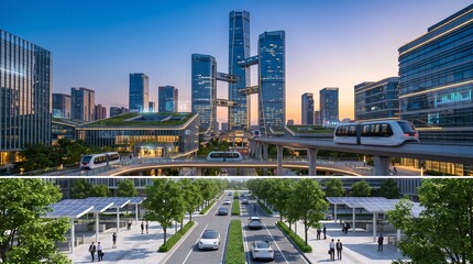 Fototapeta premium Futuristic urban landscape with modern skyscrapers, elevated trains, greenery, and pedestrian pathways