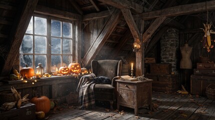 Fototapeta premium A rustic attic scene elegantly decorated for Halloween, with carved pumpkins and vintage furniture