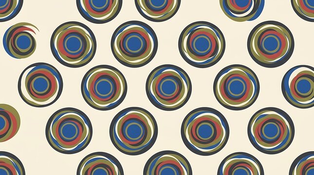 Seamless pattern featuring abstract swirling circular motifs in vibrant colors of blue, red, green, and brown on a light beige background surface