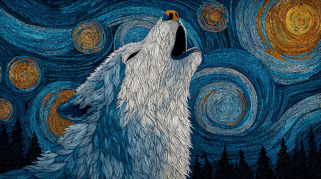 Wolf howling at moon, realistic night photography.