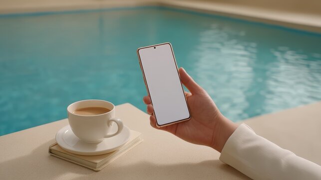 Woman holding a smartphone with empty screen next to coffee by the pool