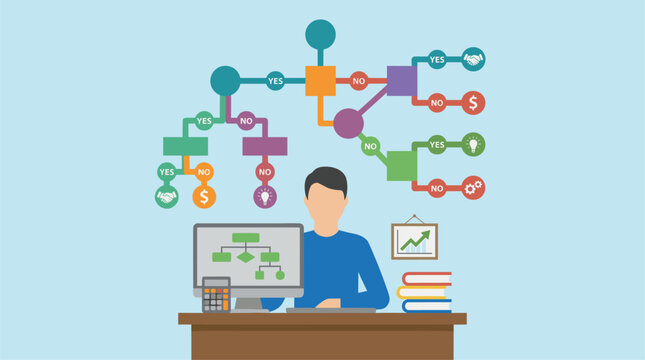 Flat design vector illustration of a person at a desk with a branching decision tree, computer, and icons representing business concepts.
