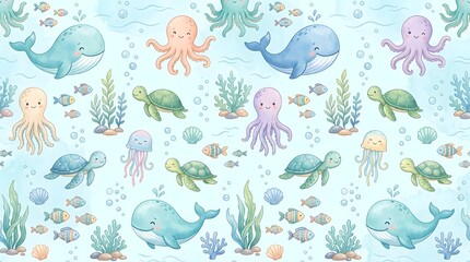 Fototapeta premium Cute seamless underwater ocean animal pattern
