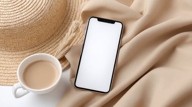 Mockup of a smartphone with blank screen on fabric with straw hat and coffee