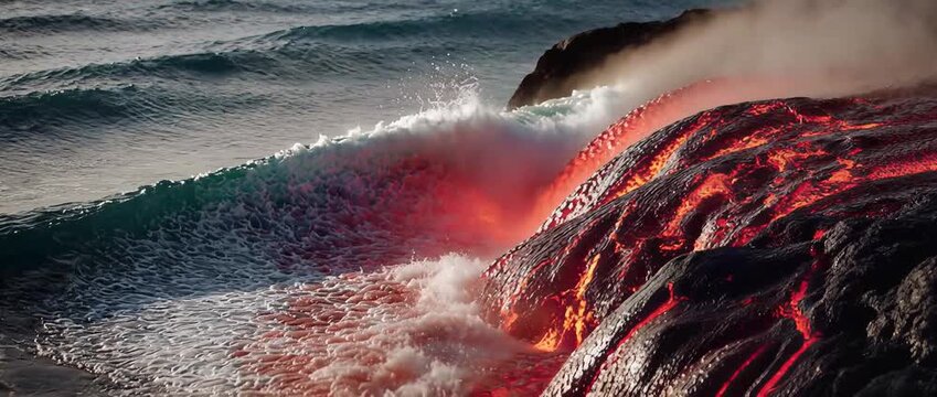 Hot Glowing Lava Flowing into Ocean Waves with Steam, Coastal Photo