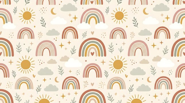 Boho nursery pattern with rainbows and clouds