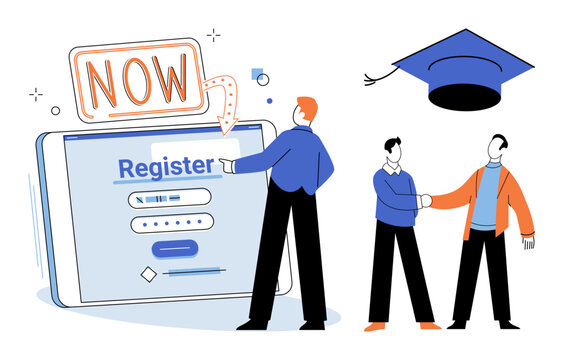 People registering for online courses and shaking hands vector illustration. E-learning, academic achievement, digital enrollment, university admission, career development, professional networking