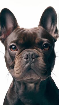 close-up video of a handsome chocolate-brindle French Bulldog looking directly at the camera with a confident, strong expression against a seamless high-key pure white studio background