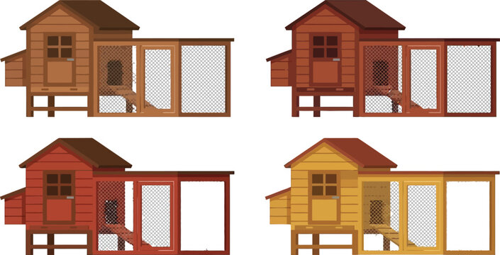 Wooden chicken coop set, 4 flat vector poultry houses with outdoor runs, rustic farm animal shelters for backyard agriculture