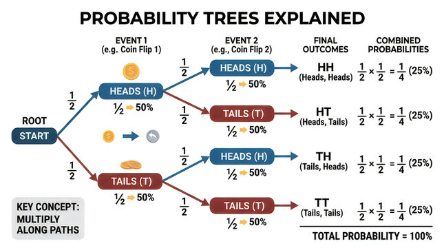 Probability tree diagram showing multiple outcomes and chance events