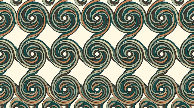 Seamless pattern of repeating interlocking spiral or swirl shapes in muted green, blue, and orange tones on a light beige background surface