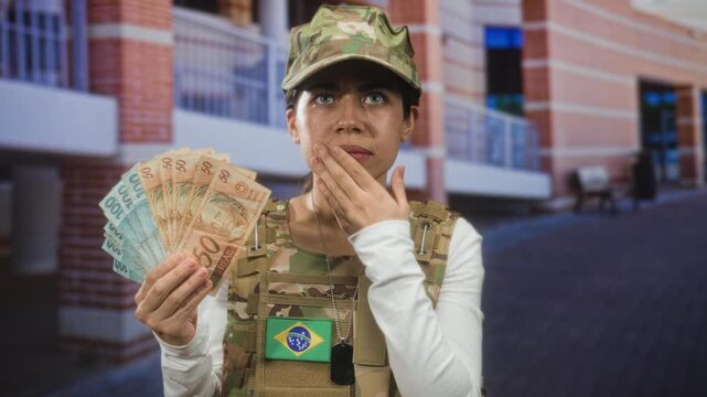 Woman soldier holding reais banknotes, hand covering mouth in front of building; uncertainty finance dilemma.