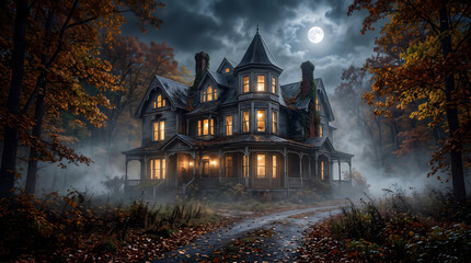 Obraz premium Spooky haunted Victorian mansion house at night with glowing windows under a full moon and dark clouds in a misty autumn forest with foggy atmosphere and eerie cinematic mystery background