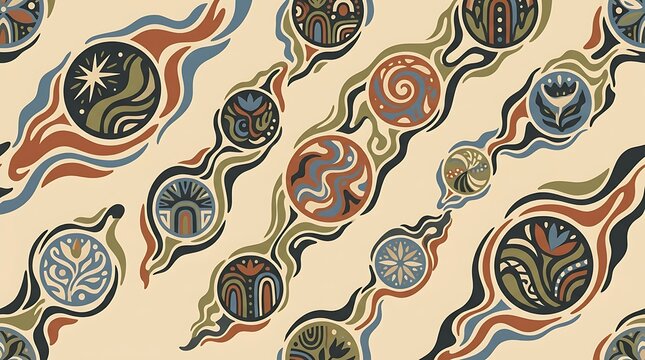 Seamless pattern with abstract circular celestial motifs and wavy flowing lines in muted earth tones on a light cream background surface