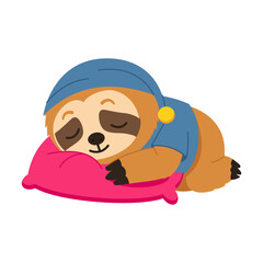 Naklejka premium Sleepy sloth character resting while holding a small plush toy, wearing a pink outfit and showing closed eyes that convey comfort, rest, and drowsiness.