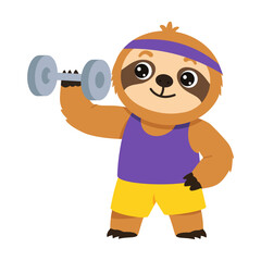 Naklejka premium Strong sloth character lifting a dumbbell with one arm, wearing a purple workout top and headband to show fitness, strength, exercise, active training.