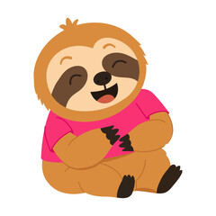 Naklejka premium Joyful sloth character sitting on the ground in a pink shirt, laughing with closed eyes and an open smile that clearly expresses humor, happiness, delight.