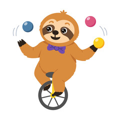 Naklejka premium Cheerful sloth character balancing on a unicycle while juggling colorful balls, creating a lively performance scene filled with coordination, fun, and movement.