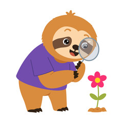 Naklejka premium Curious sloth detective holding a magnifying glass near a small flower, wearing a purple shirt while closely inspecting details in a playful scene.