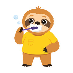 Naklejka premium Sloth character in a yellow shirt brushing teeth with foamy toothpaste, holding the toothbrush near the mouth while bubbles appear around the face.