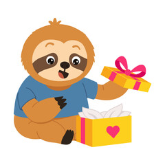 Naklejka premium Excited sloth character opening a white gift box with a heart symbol, lifting a wrapped present while smiling brightly at the colorful surprise inside.