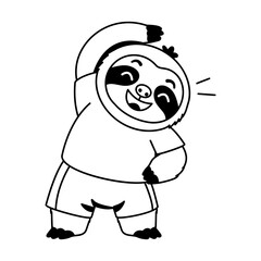 Naklejka premium Active sloth character stretching one arm overhead while wearing a blue top and yellow pants, showing a simple warm-up pose focused on flexibility and movement.
