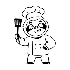 Naklejka premium Cheerful sloth chef wearing a white uniform and tall hat, holding a spatula while standing proudly to represent cooking, kitchen work, culinary creativity.
