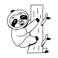 Naklejka premium Playful sloth character climbing a tree trunk with both arms wrapped around the bark, smiling while green leaves appear along the simple outdoor scene.