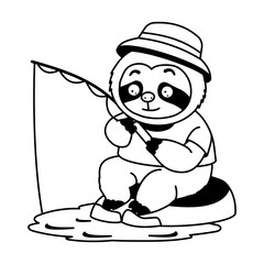 Naklejka premium Sloth character sitting beside the water with a fishing rod, wearing a green hat while calmly waiting for a catch in a simple outdoor fishing scene.
