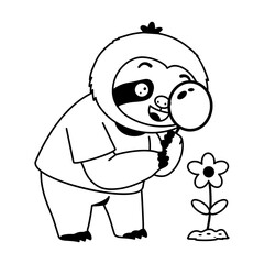 Naklejka premium Curious sloth detective holding a magnifying glass near a small flower, wearing a purple shirt while closely inspecting details in a playful scene.