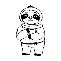 Naklejka premium Cozy sloth character standing in a purple shirt with a bright yellow scarf wrapped around the neck, smiling warmly in a simple seasonal winter outfit.