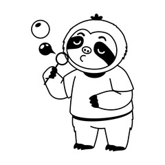 Naklejka premium Sloth character in a purple shirt blowing soap bubbles with a small wand, creating floating blue bubbles while standing in a relaxed, playful pose.