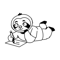 Naklejka premium Focused sloth character lying on the floor while writing on paper with a pencil, wearing a purple outfit and showing a calm study activity scene.