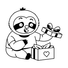 Naklejka premium Excited sloth character opening a white gift box with a heart symbol, lifting a wrapped present while smiling brightly at the colorful surprise inside.